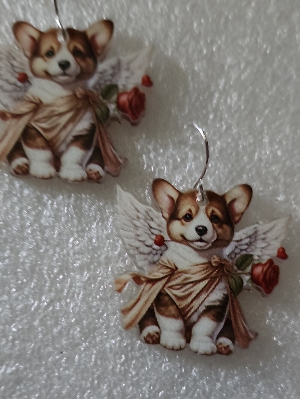 Hand Crafted Brown and White Corgi Angel Earrings